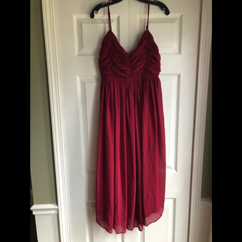 Maternity, red spaghetti strap midi, flowy dress 6